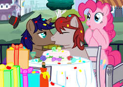 Size: 3000x2125 | Tagged: safe, artist:denotionsoul, pinkie pie, oc, g4, :o, birthday, birthday cake, bottle, cake, candle, canterlot, confetti, eyes closed, gay, hat, high res, kissing, male, party, present, wine glass