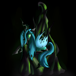 Size: 3000x3000 | Tagged: safe, artist:ninrhusajha, queen chrysalis, changeling, changeling queen, g4, brooding, crown, female, high res, jewelry, lounging, regalia, throne