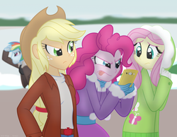 Size: 1039x806 | Tagged: safe, artist:faith-wolff, applejack, fluttershy, pinkie pie, rainbow dash, fanfic:the bridge, equestria girls, g4, female, phone, snow, story included, tongue out, winter
