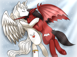 Size: 2000x1478 | Tagged: safe, artist:vavacung, oc, oc only, alicorn, bat pony, anthro, alicorn oc, crying, cuddling, snuggling