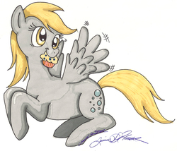 Size: 800x685 | Tagged: safe, artist:gina-su, derpy hooves, pegasus, pony, g4, female, mare, mouth hold, muffin, solo, traditional art