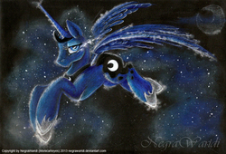 Size: 1000x681 | Tagged: safe, artist:negrawaridi, princess luna, g4, beautiful, crying, female, moon, solo, space, traditional art