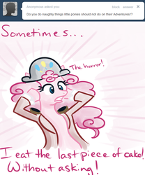 Size: 500x600 | Tagged: safe, artist:alipes, pinkie pie, ask pinkie pierate, g4, ask, bicorne, clothes, female, hat, pirate, solo, tumblr