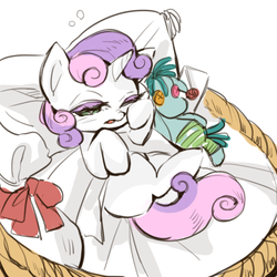 Size: 512x512 | Tagged: safe, artist:wan, sweetie belle, pony, unicorn, g4, blank flank, cute, diasweetes, female, filly, foal, lying down, on back, one eye closed, pillow, plushie, solo, tired, waking up
