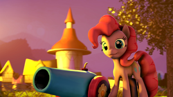 Size: 1920x1080 | Tagged: safe, artist:turbovilka, pinkie pie, g4, 3d, female, party cannon, ponyville, solo, source filmmaker