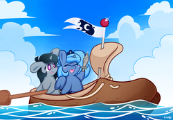 Size: 1330x920 | Tagged: safe, artist:dsp2003, princess luna, oc, oc:coldfront, pony, unicorn, g4, :o, blushing, boat, characters inside shoes, chibi, cute, eyes closed, female, filly, happy, lunabetes, oar, ocean, open mouth, s1 luna, shoes, smiling, style emulation, sword, woona