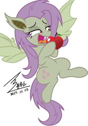 Size: 900x1287 | Tagged: safe, artist:bluse, fluttershy, pony, g4, apple, background removed, female, flutterbat, race swap, sexy, show accurate, signature, simple background, solo, white background