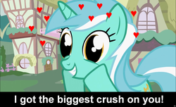 Size: 1600x973 | Tagged: safe, lyra heartstrings, pony, unicorn, g4, bronybait, caption, cs captions, female, heart, love, mare, ponyville, solo