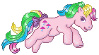 Size: 140x78 | Tagged: safe, artist:moogleymog, parasol (g1), earth pony, pony, g1, bow, cute, female, g1 paracute, gif, mare, multicolored hair, multicolored mane, multicolored tail, non-animated gif, pixel art, rainbow ponies, simple background, solo, tail, tail bow, transparent background