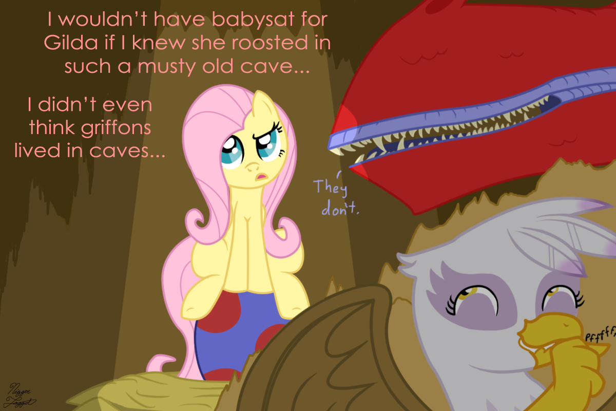 798763 - safe, artist:facelessjr, basil, fluttershy, gilda, dragon,  griffon, pony, g4, cave, egg, female, male, prank - Derpibooru