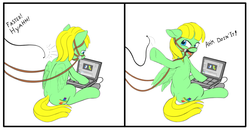 Size: 1515x796 | Tagged: safe, artist:zippysqrl, oc, oc only, oc:viva reverie, pegasus, pony, 2 panel comic, bit, bridle, comic, computer, dialogue, folded wings, laptop computer, offscreen character, reins, sequence, sitting, solo, speech, spread wings, underhoof, whip, whipping, wings