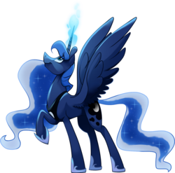 Size: 1151x1137 | Tagged: safe, artist:heloise78, artist:longmuzzlepony, princess luna, g4, female, looking up, magic, raised hoof, simple background, solo, spread wings, transparent background
