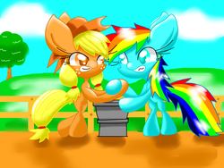 Size: 2272x1704 | Tagged: safe, artist:lovehtf421, applejack, rainbow dash, pony, g4, the ticket master, bipedal, gritted teeth, hoofwrestle, impossibly large ears, scene interpretation