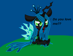 Size: 2072x1604 | Tagged: safe, artist:lovehtf421, queen chrysalis, changeling, changeling queen, g4, blushing, fangs, female, forked tongue, impossibly large ears, looking at you, question, sitting, smirk, solo, talking to viewer, tongue out
