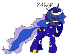 Size: 2560x1920 | Tagged: safe, artist:dreamsulu, princess luna, g4, clothes, crying, eyes closed, female, footed sleeper, hat, messy mane, nightcap, open mouth, pajamas, raised hoof, solo, yawn