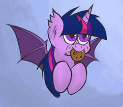 Size: 426x372 | Tagged: safe, artist:dreamsulu, twilight sparkle, bat pony, pony, g4, cookie, fangs, female, mouth hold, race swap, solo