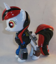 Size: 2065x2337 | Tagged: safe, artist:gryphyn-bloodheart, oc, oc only, oc:blackjack, pony, unicorn, fallout equestria, fallout equestria: project horizons, 3d print, colored sclera, commission, customized toy, funko, gun, high res, irl, photo, pipbuck, pistol, shotgun, toy, weapon, yellow sclera