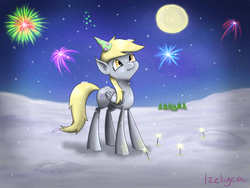 Size: 4000x3000 | Tagged: safe, artist:izelyca, derpy hooves, pegasus, pony, g4, female, fireworks, happy new year, hat, mare, night, party hat, snow, snowfall, solo