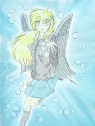 Size: 1536x2048 | Tagged: safe, artist:drawinghetalian, derpy hooves, human, g4, bubble, clothes, female, humanized, skirt, socks, solo, winged humanization