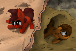 Size: 1280x853 | Tagged: safe, artist:marsminer, oc, oc only, oc:mars miner, oc:venus spring, colt, crying, female, filly, foal, male, mars, mars on mars, marspring, namesake, sad, this will end in death, venus, venus on venus, volcano, woobie