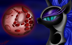 Size: 3000x1900 | Tagged: safe, artist:metalbladepegasus, nightmare moon, g4, blood, blood moon, fangs, female, mare in the moon, moon, smirk, solo