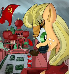 Size: 1200x1300 | Tagged: safe, artist:chrischin, applejack, g4, apple, flag, josef stalin, military, russia, soviet union, st. basil's cathedral