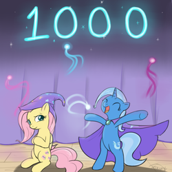Size: 1280x1280 | Tagged: safe, artist:theparagon, fluttershy, trixie, pony, unicorn, ask trixie, g4, accessory swap, female, fireworks, lesbian, mare, shipping, stage, trixie's hat, trixieshy