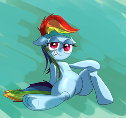 Size: 1297x1214 | Tagged: safe, artist:chrischin, rainbow dash, pegasus, pony, semi-anthro, g4, abstract background, female, headband, looking at you, mare, sitting, solo, underhoof