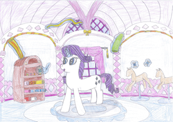Size: 2338x1653 | Tagged: safe, artist:epicalaxy master, rarity, g4, carousel boutique, clothes, drawing, dress, levitation, thread, traditional art