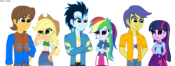 Size: 1450x551 | Tagged: safe, artist:asika-aida, applejack, caramel, comet tail, rainbow dash, soarin', twilight sparkle, equestria girls, g4, debate in the comments, equestria girls-ified, female, male, ship:carajack, ship:cometlight, ship:soarindash, shipping, simple background, straight, transparent background, vector
