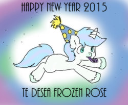 Size: 1024x845 | Tagged: safe, artist:shinta-girl, oc, oc only, oc:frozen rose, hat, party hat, party horn, solo, spanish