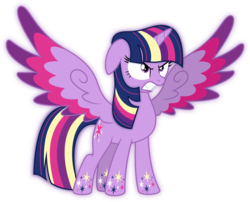 Size: 6177x5000 | Tagged: safe, artist:meteor-spark, twilight sparkle, alicorn, pony, g4, .svg available, absurd resolution, angry, colored wings, ears back, female, glare, gritted teeth, mare, multicolored wings, rainbow power, rainbow wings, simple background, solo, spread wings, transparent background, twilight sparkle (alicorn), vector, wings