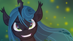 Size: 1024x576 | Tagged: dead source, safe, artist:saddnesspony, queen chrysalis, g4, bust, evil grin, female, grin, skull, skull and crossbones, skull eyes, smiling, solo, wingding eyes