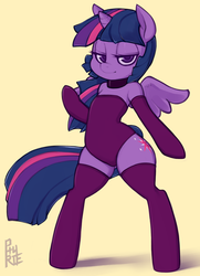 Size: 927x1280 | Tagged: safe, artist:phurie, twilight sparkle, alicorn, pony, semi-anthro, g4, arm hooves, bedroom eyes, bipedal, clothes, collar, female, one-piece swimsuit, purple swimsuit, solo, stockings, swimsuit, thigh highs, twilight sparkle (alicorn), underass