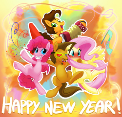 Size: 1122x1080 | Tagged: safe, artist:fidzfox, cheese sandwich, fluttershy, pinkie pie, oc, earth pony, pegasus, pony, g4, happy new year