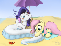 Size: 1732x1324 | Tagged: safe, artist:augustbebel, fluttershy, rarity, crab, lamia, original species, g4, beach, clothes, cute, eyes closed, female, floppy ears, forked tongue, lamiafied, lamity, lesbian, one-piece swimsuit, open mouth, pleased, ship:flarity, shipping, sniffing, species swap, swimsuit, tongue out