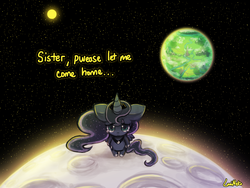 Size: 1024x768 | Tagged: safe, artist:lumineko, princess luna, pony, g4, bipedal, crying, cute, female, filly, lunabetes, moon, solo, space, sun, woona