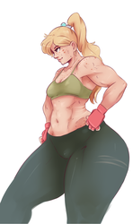 Size: 829x1405 | Tagged: safe, artist:sundown, applejack, human, g4, alternate hairstyle, applebucking thighs, applejacked, armpits, belly button, clothes, female, gloves, high ponytail, humanized, long hair, midriff, muscles, ponytail, scar, simple background, solo, sweat, tank top, white background