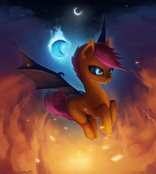 Size: 3379x3750 | Tagged: safe, artist:rain-gear, scootaloo, bat pony, pony, g4, bat ponified, black sclera, blank flank, blue eyes, female, filly, fire, flying, high res, race swap, scootabat, scootaloo can fly, solo, student of the night