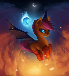 Size: 3379x3750 | Tagged: safe, artist:rain-gear, scootaloo, bat pony, pony, g4, bat ponified, black sclera, blank flank, blue eyes, clothes, female, filly, fire, flying, high res, kneesocks, race swap, scootabat, scootaloo can fly, socks, solo, striped socks, student of the night