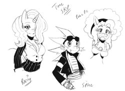 Size: 1548x1128 | Tagged: safe, artist:ss2sonic, pinkie pie, rarity, spike, anthro, g4, :d, alternate hairstyle, cleavage, female, monochrome, sketch, smiling, sunglasses