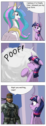 Size: 1737x4737 | Tagged: safe, artist:otakuap edit, princess celestia, twilight sparkle, alicorn, pony, g4, celestia's true form, character to character, comic, comic sans, dialogue, exploitable meme, female, mare, meme, metal gear, poof, solid snake, speech bubble, transformation, twilight sparkle (alicorn)