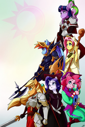 Size: 1280x1920 | Tagged: safe, artist:skecchiart, applejack, fluttershy, pinkie pie, rainbow dash, rarity, spike, twilight sparkle, anthro, g4, armor, character class, crossover, fantasy class, final fantasy, mane seven, mane six, roleplaying, rpg, sword