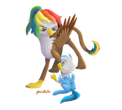 Size: 1866x1698 | Tagged: safe, artist:glacialfalls, oc, oc only, oc:gren, oc:rainbow feather, classical hippogriff, griffon, hippogriff, brother and sister, interspecies offspring, magical lesbian spawn, offspring, parent:gilda, parent:rainbow dash, parents:gildash, siblings, simple background, transparent background