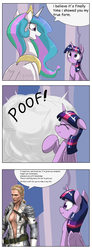 Size: 1737x4737 | Tagged: safe, artist:otakuap edit, princess celestia, twilight sparkle, alicorn, pony, g4, celestia's true form, character to character, cleavage, comic, dialogue, exploitable meme, female, mare, meme, metal gear, poof, speech bubble, the boss, transformation, twilight sparkle (alicorn), voice actor joke