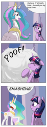 Size: 512x1397 | Tagged: safe, artist:otakuap edit, princess celestia, twilight sparkle, alicorn, pony, g4, celestia's true form, comic, crossing the memes, dialogue, exploitable meme, female, mare, meme, nigel thornberry, poof, smashing, speech bubble, transformation, twilight sparkle (alicorn)