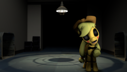 Size: 1191x670 | Tagged: safe, applejack, pony, robot, robot pony, five nights at aj's, g4, 3d, animatronic, applefreddy, applefreddy fazjack's pizzeria, creepy, female, five nights at aj's 2, five nights at freddy's, gmod, solo, source filmmaker, toy applefazjack