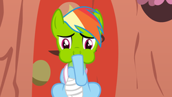 Size: 1280x720 | Tagged: safe, rainbow dash, g4, arm sling, asksparklesanddashie, female, green face, imminent vomiting, injured, nauseous face, puffy cheeks, sick, solo