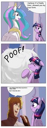 Size: 1737x4737 | Tagged: safe, artist:otakuap edit, princess celestia, twilight sparkle, alicorn, pony, g4, celestia's true form, character to character, comic, dialogue, dio brando, exploitable meme, female, it was me, it was me dio, jojo's bizarre adventure, kono dio da, mare, meme, poof, speech bubble, transformation, twilight sparkle (alicorn)