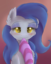 Size: 1200x1500 | Tagged: safe, artist:ardail, oc, oc only, bat pony, pony, bedroom eyes, blushing, clothes, mouth hold, rule 63, sock, socks, striped socks